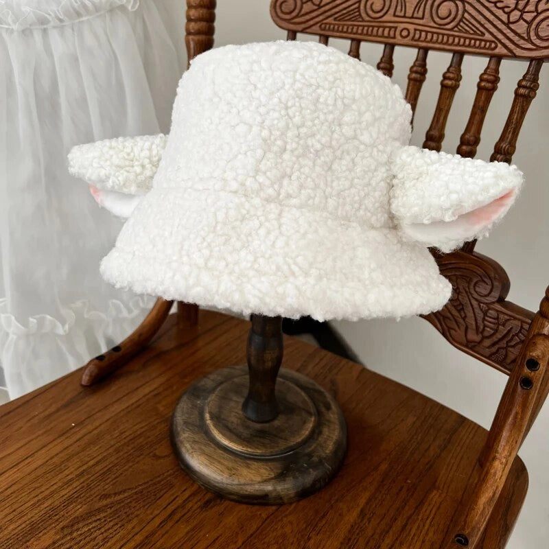 Lolita Sheep Ear Hat - Handmade Lambs Wool Bucket Cap - White