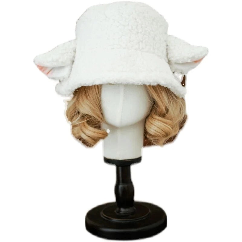 Lolita Sheep Ear Hat - Handmade Lambs Wool Bucket Cap - White