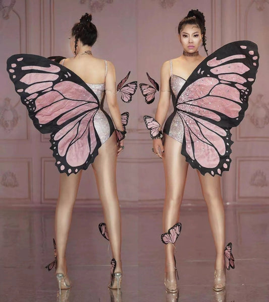 Pink Butterfly Wings Bodysuit for Women - EDM - Stage Performance Costume for Raves, Parties, and Cosplay