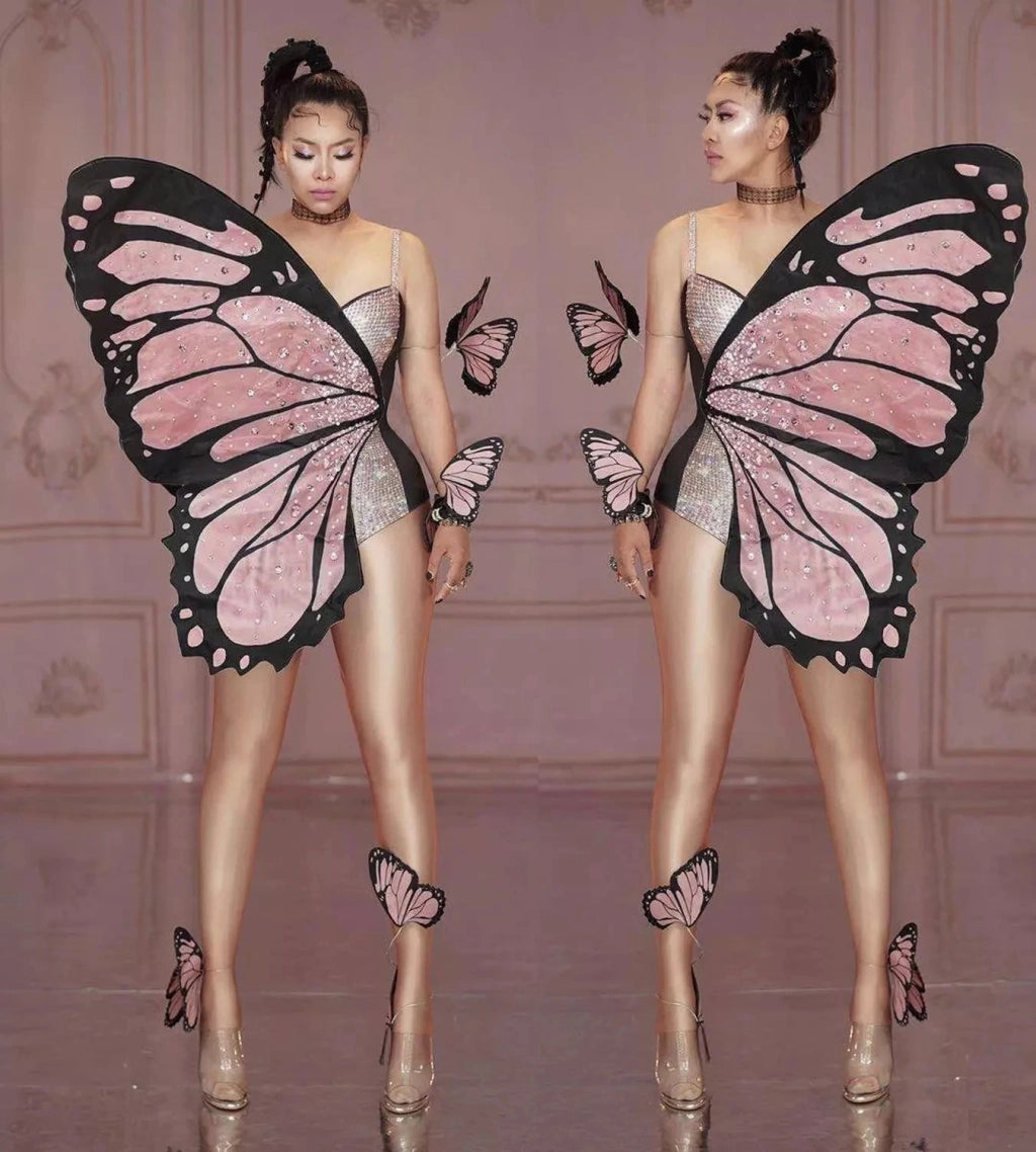 Pink Butterfly Wings Bodysuit for Women - EDM - Stage Performance Costume for Raves, Parties, and Cosplay