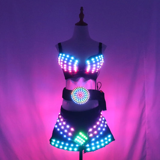 LED Light Up Party Bra, Belt, and Shorts Set with Remote Control and Full Color Lights - Sexy Ballroom Dance, Rave, Festival Outfit