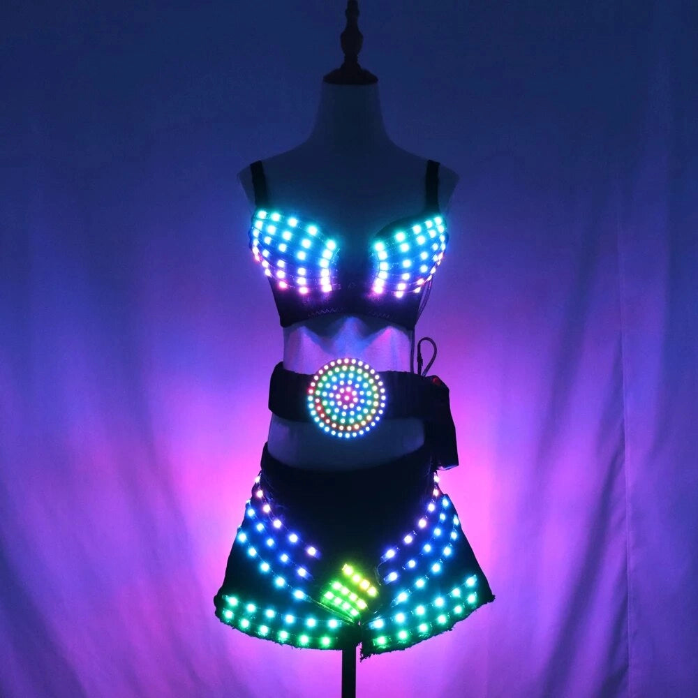 LED Light Up Party Bra, Belt, and Shorts Set with Remote Control and Full Color Lights - Sexy Ballroom Dance, Rave, Festival Outfit