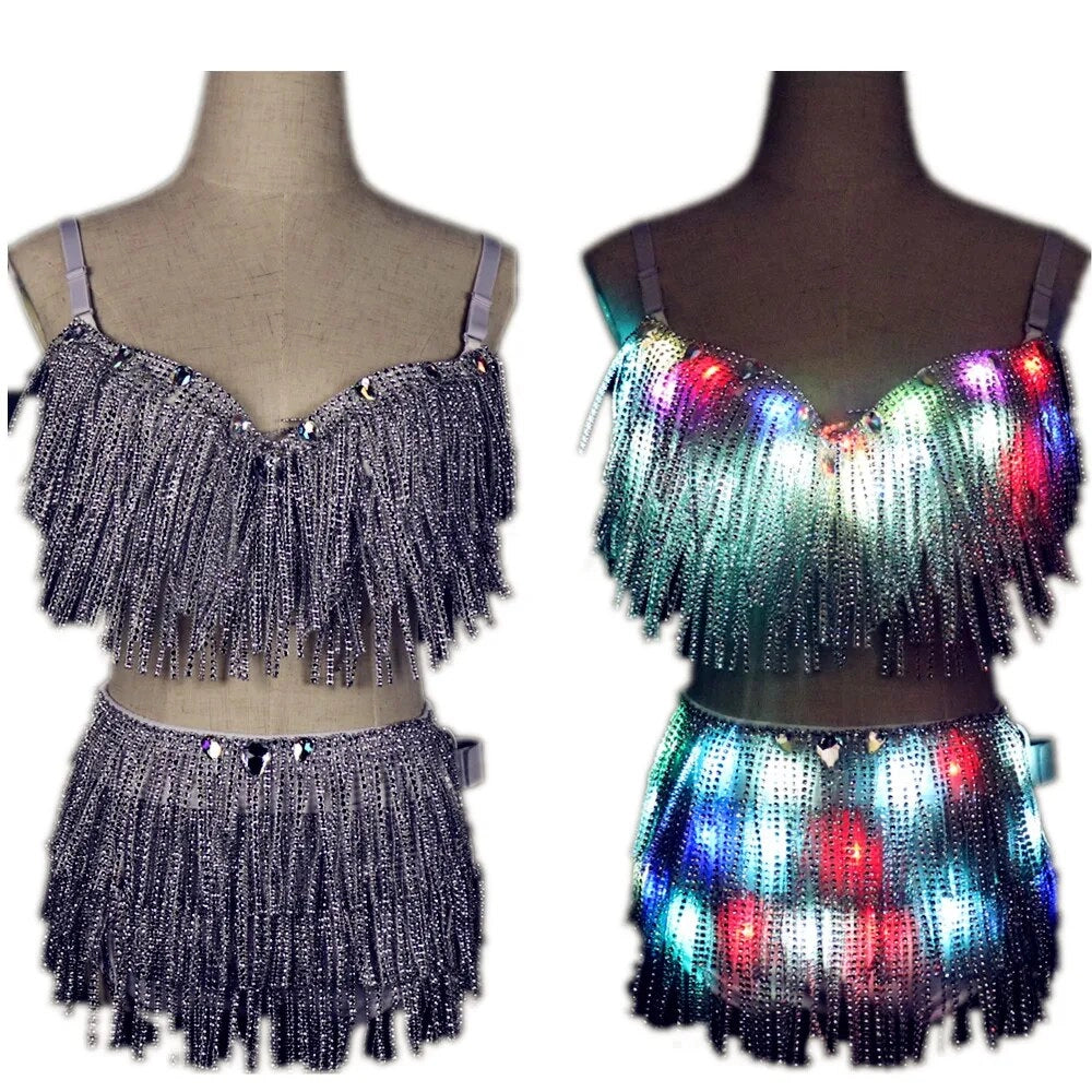 LED Glowing Bra and Shorts Set - Fashion Luminous Ravewear for Women - Reflective Tasseled Belly Dancer Miniskirt Set