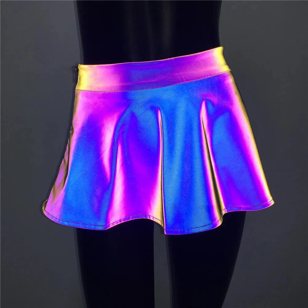 Reflective Holographic Mini Skirt for Women