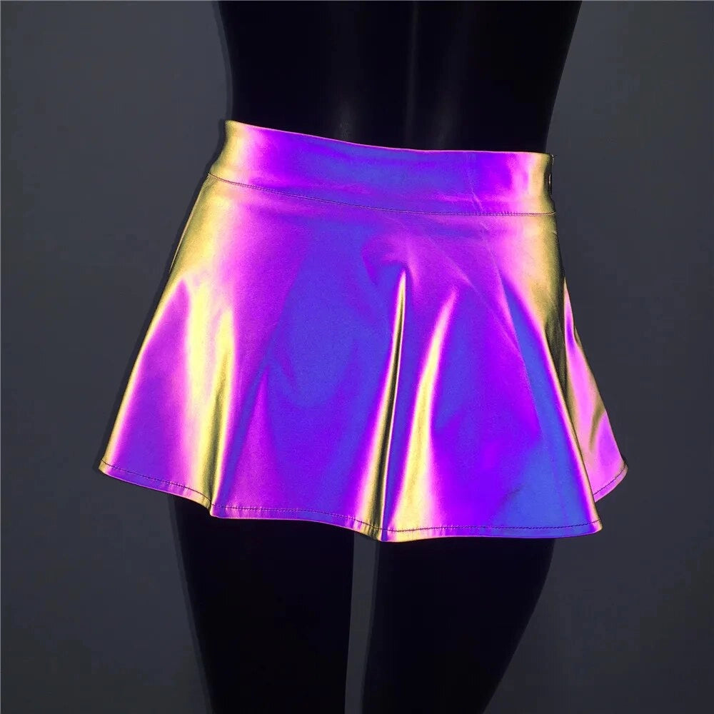 Reflective Holographic Mini Skirt for Women
