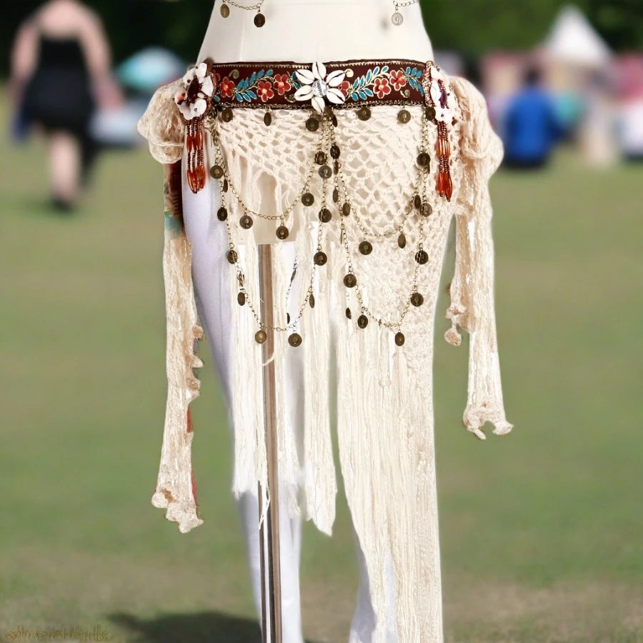 Handmade crochet tribal boho hip belt with shells, tassels, and coin accents for belly dance, stage performance, or festival outing