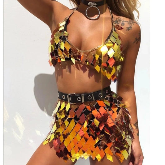 Sequin Body Chain Bikini Top and Mini Skirt Set