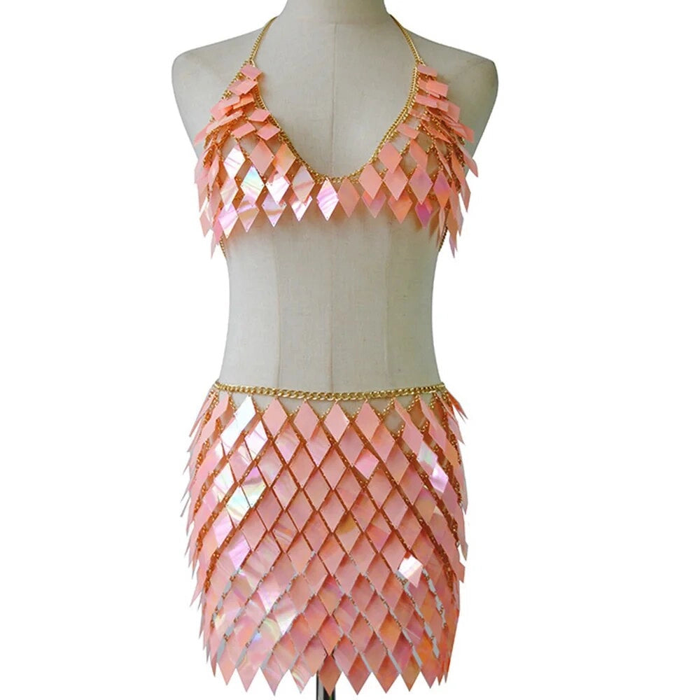 Sequin Body Chain Bikini Top and Mini Skirt Set