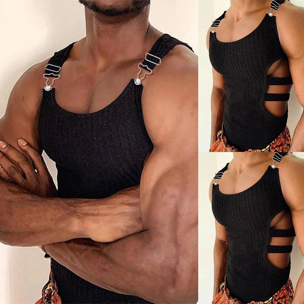 Men's Sexy Overall Buckle Hollow Out Knitted Tank Top
