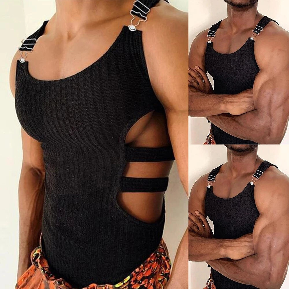 Men's Sexy Overall Buckle Hollow Out Knitted Tank Top