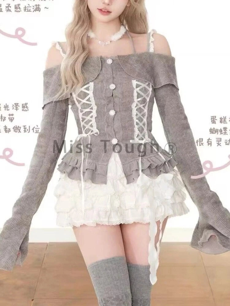 Women's Elegant Sweet Korean Fashion Mini Skirt and Off-shoulder Sweater Set