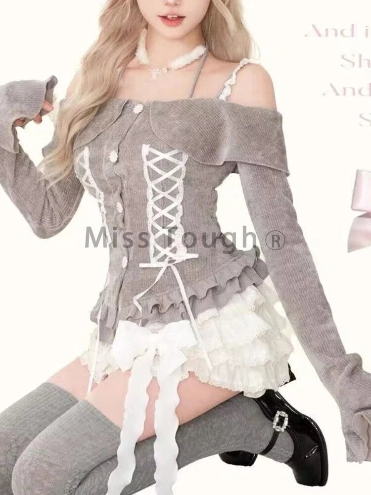 Women's Elegant Sweet Korean Fashion Mini Skirt and Off-shoulder Sweater Set