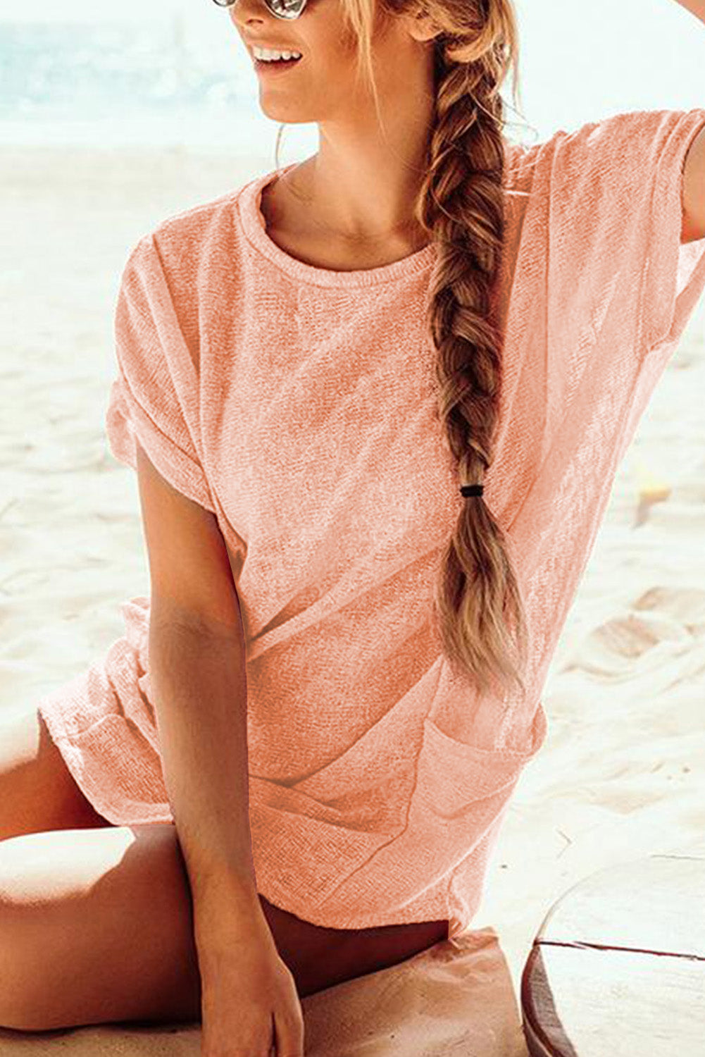 Pink Loose Fit Short Sleeve Beach Cover Up