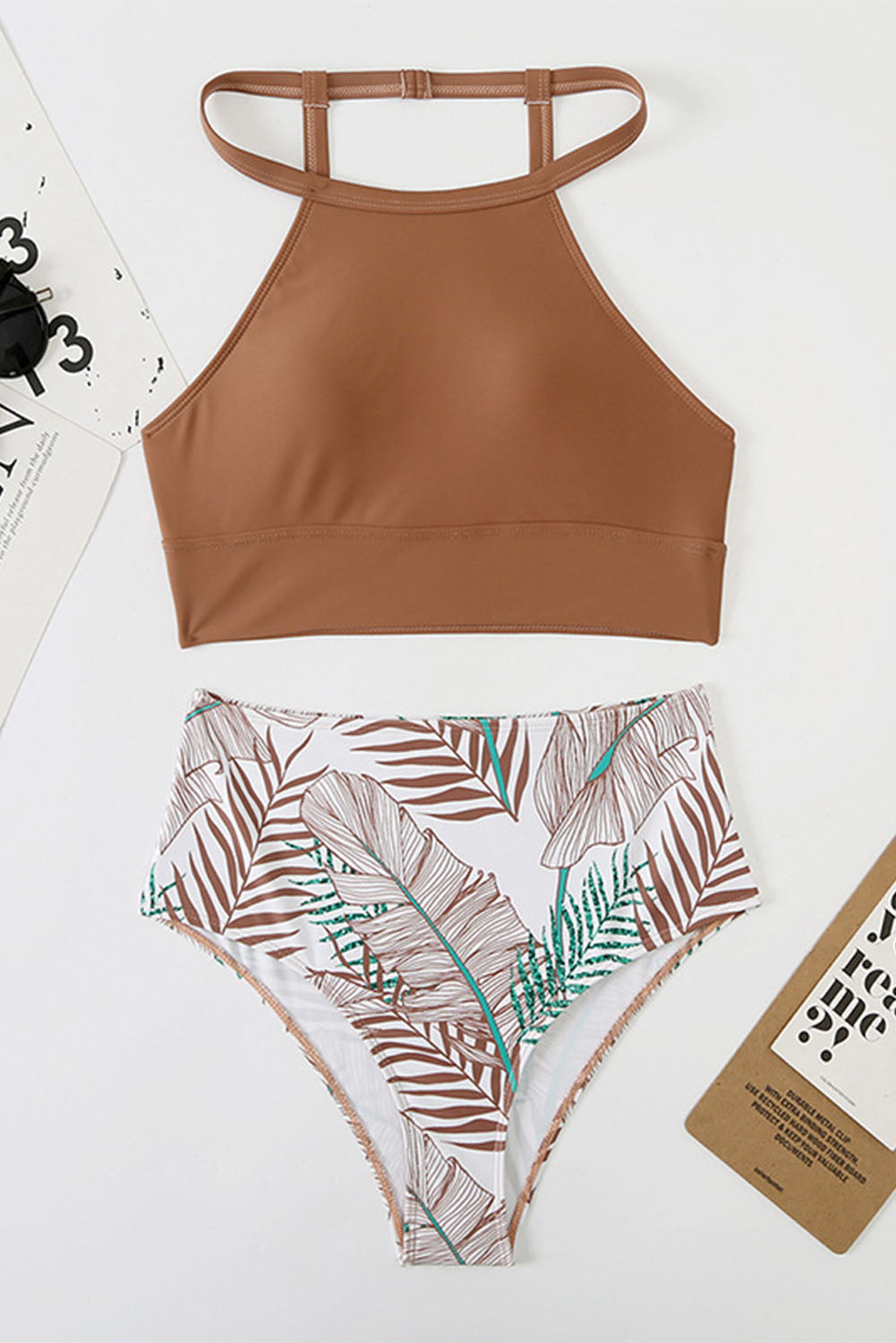 Tropical Print Solid Strappy Halter High Waist Bikini