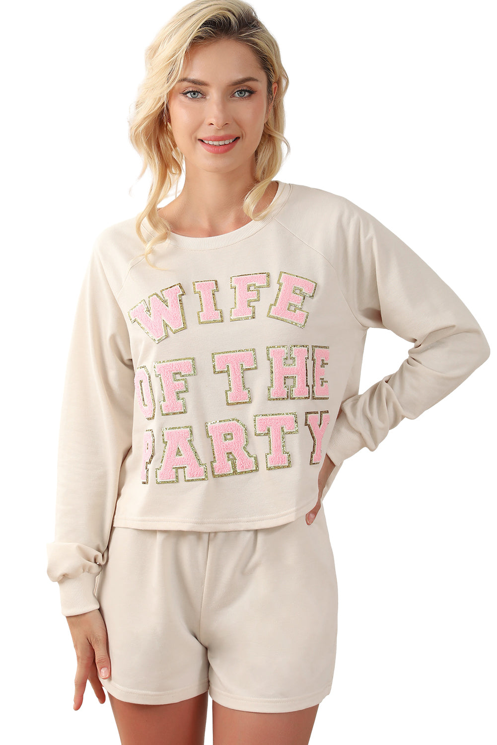Apricot Wife Of The Party Long Sleeve Top and Shorts Lounge Set