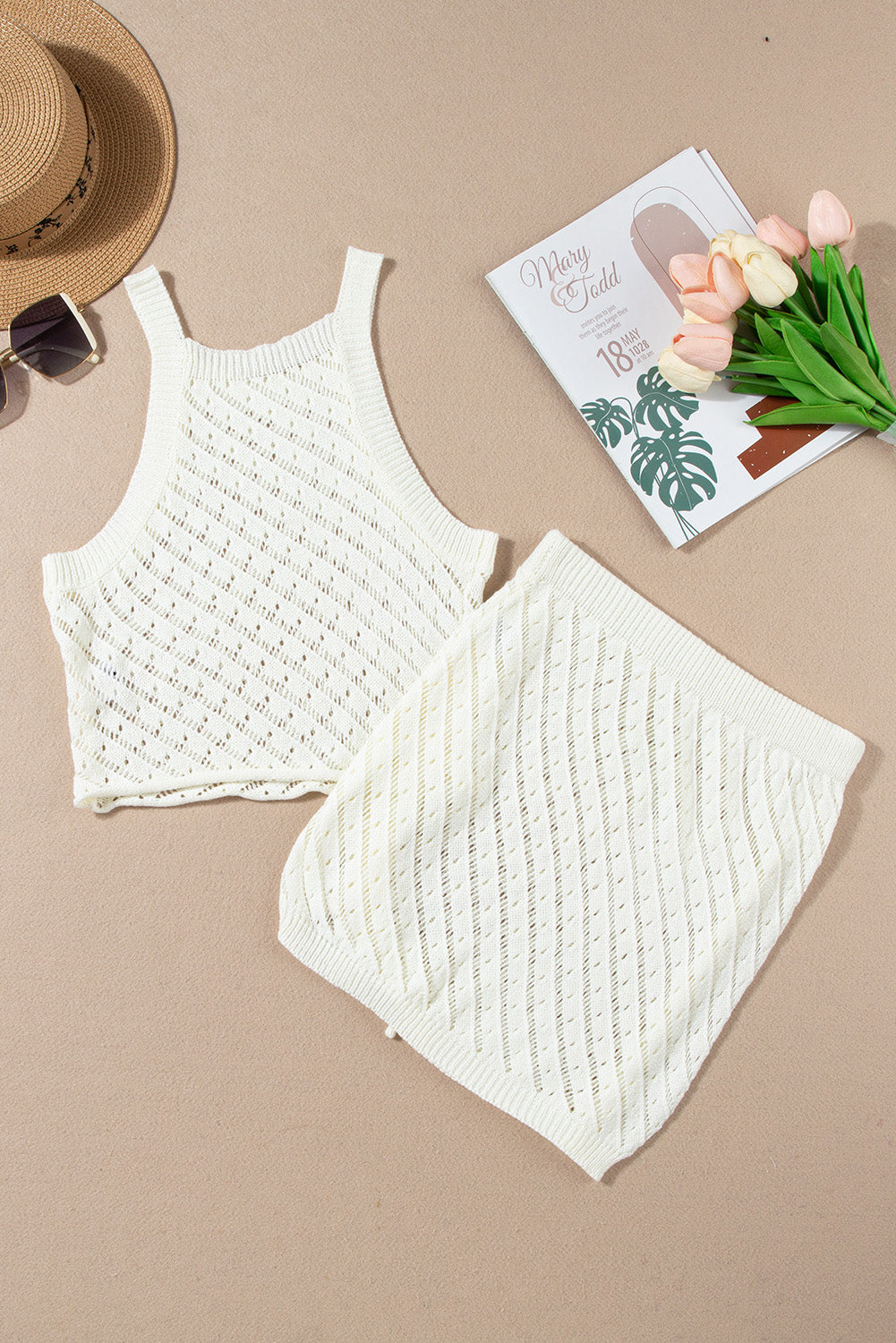White Crochet Cropped 2 Piece Beach Dress Cover Up