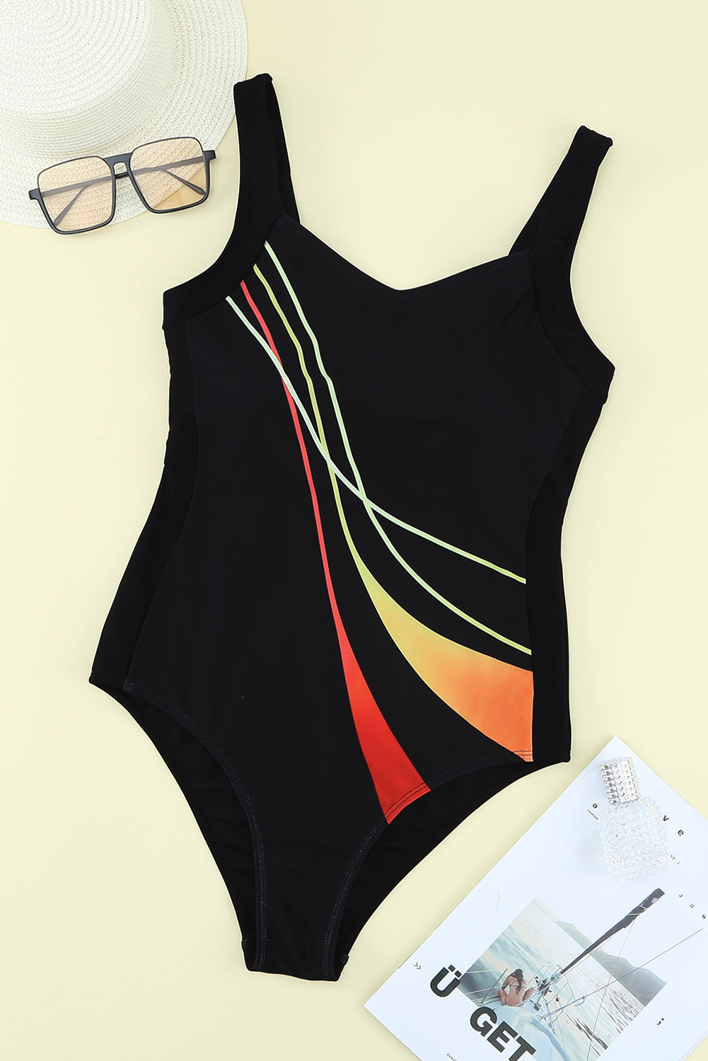 Women's Black and Orange Print One-piece Swimsuit
