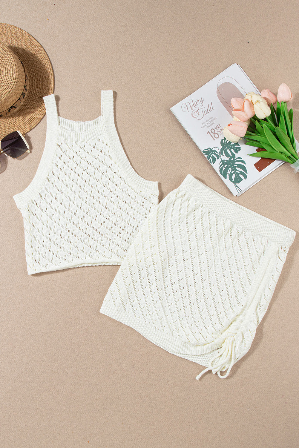 White Crochet Cropped 2 Piece Beach Dress Cover Up