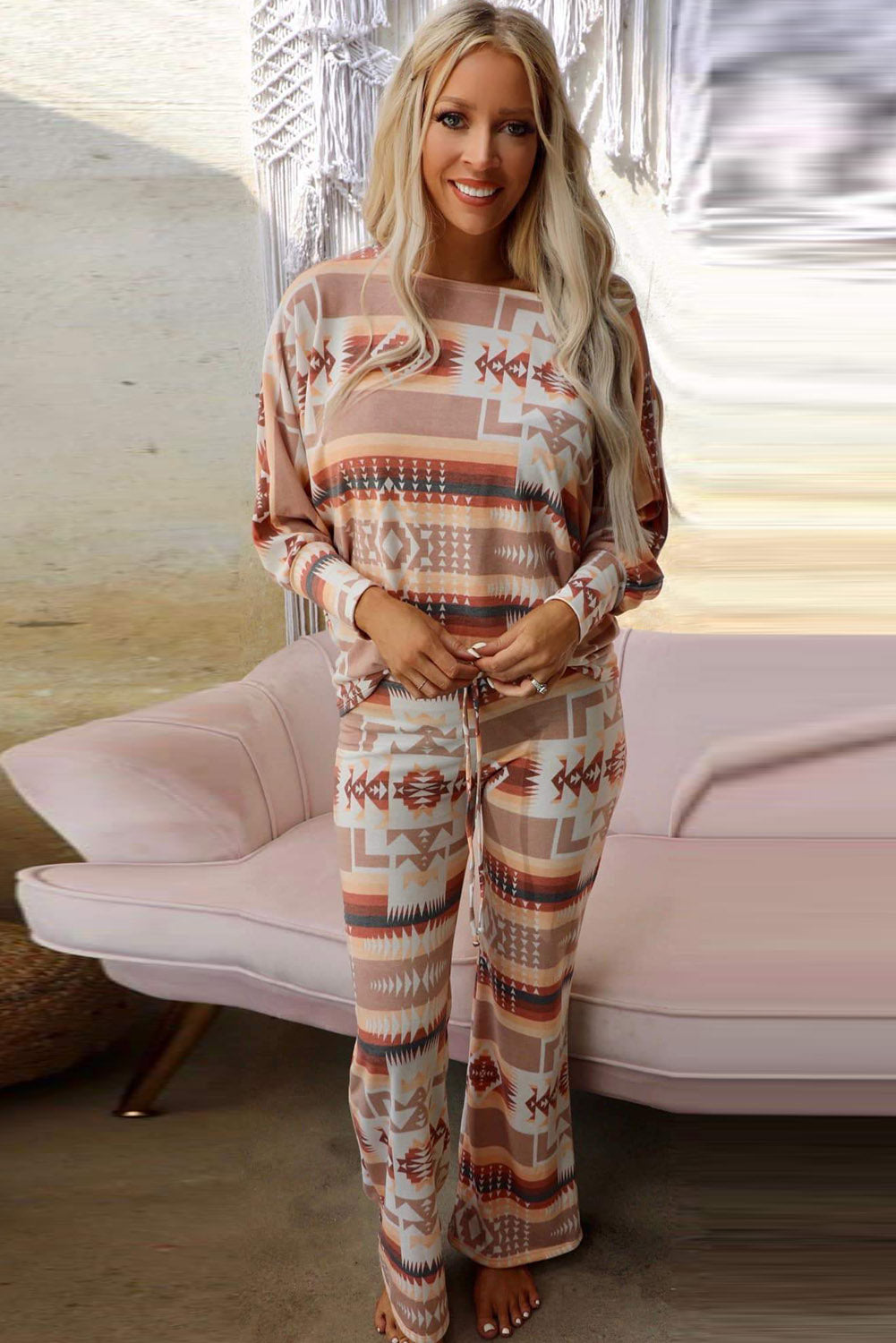 Multicolor Aztec Print Puff Sleeve Pullover and Pants Lounge Set