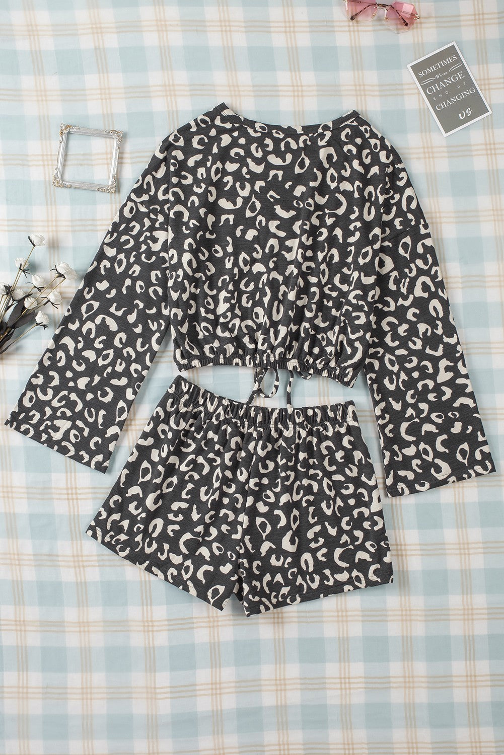 Gray Animal Print Long Sleeves Pullover and Shorts Lounge Set