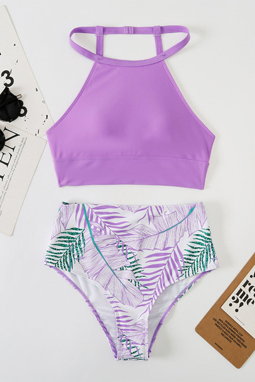 Tropical Print Solid Strappy Halter High Waist Bikini