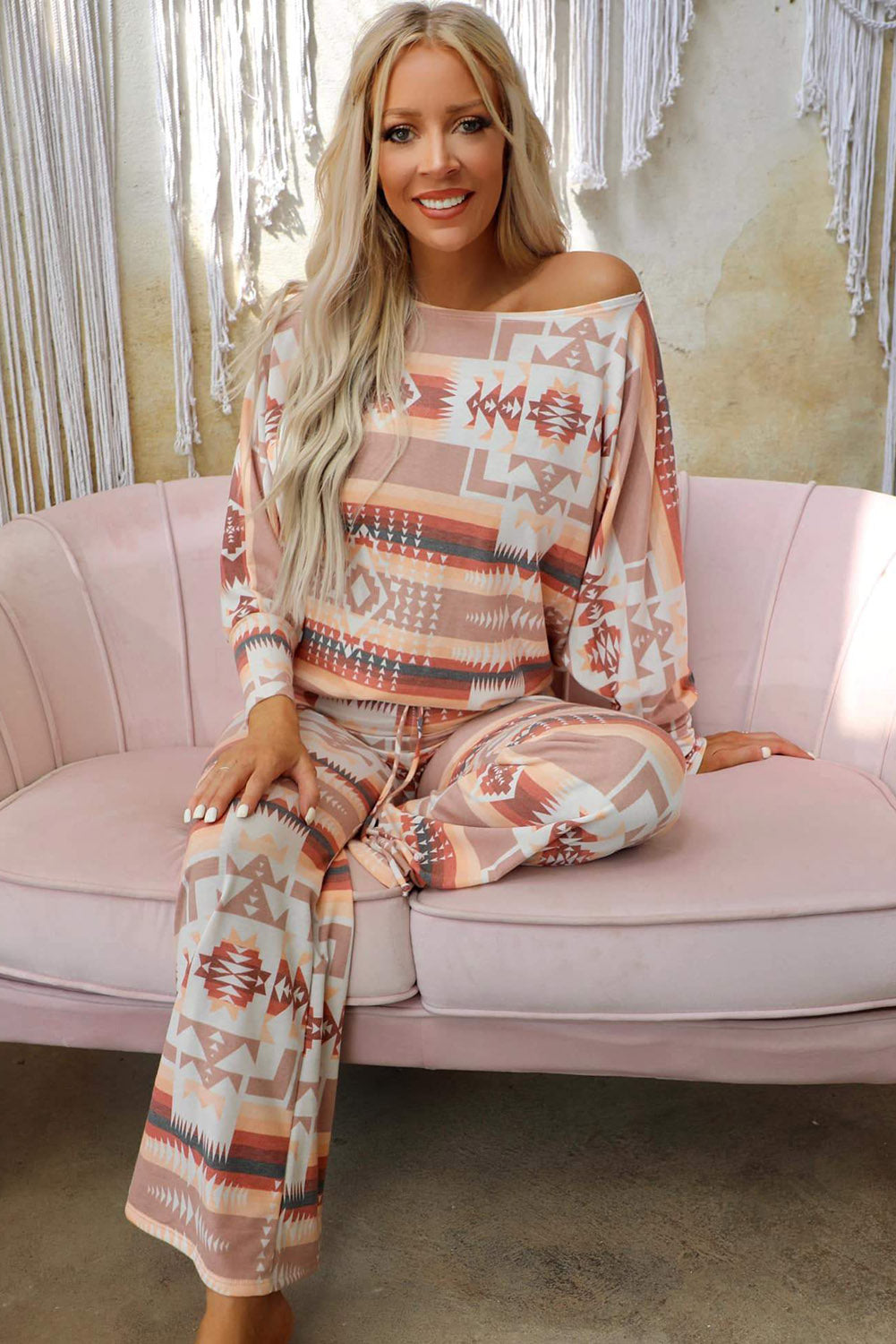Multicolor Aztec Print Puff Sleeve Pullover and Pants Lounge Set