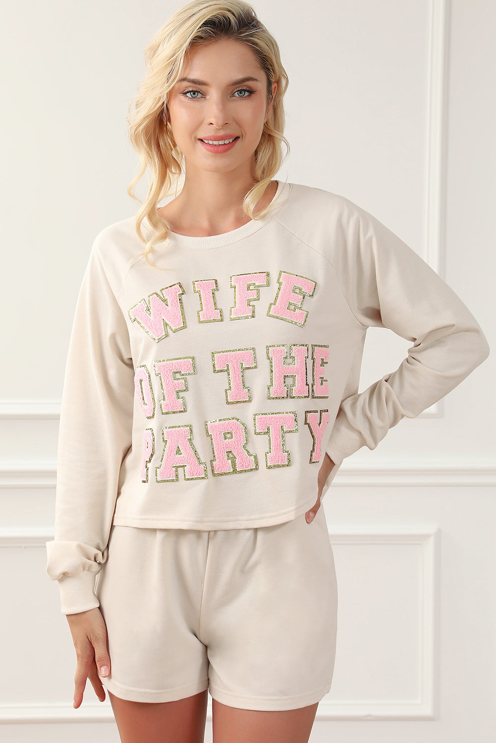 Apricot Wife Of The Party Long Sleeve Top and Shorts Lounge Set