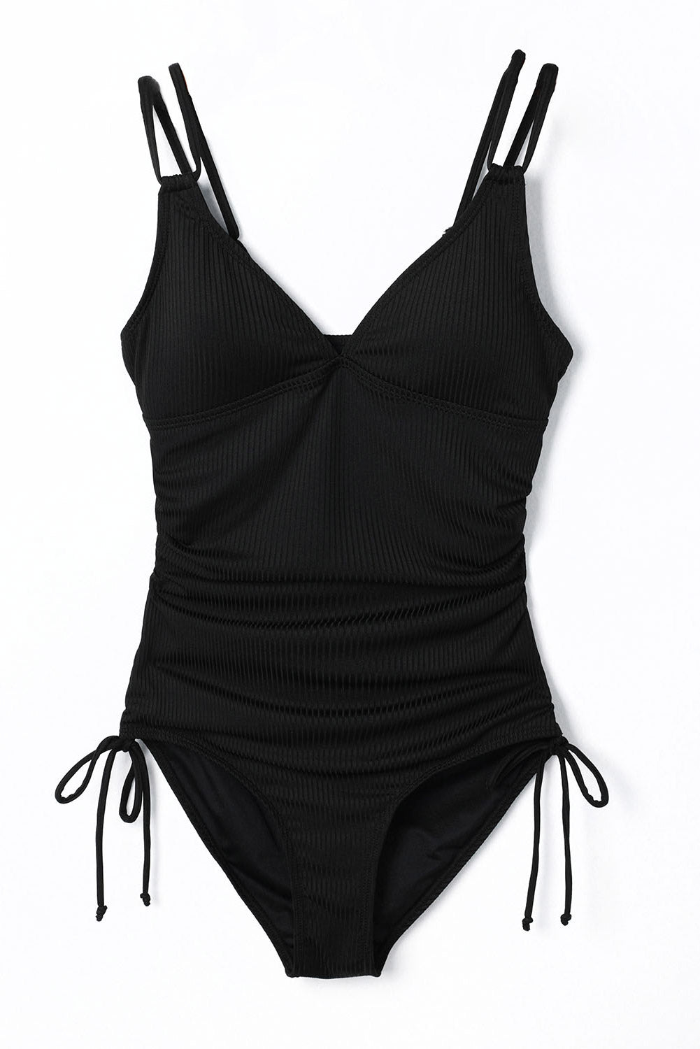 Black Adjustable Straps Side Tie - Ribbed Knit - One Piece Swimsuit