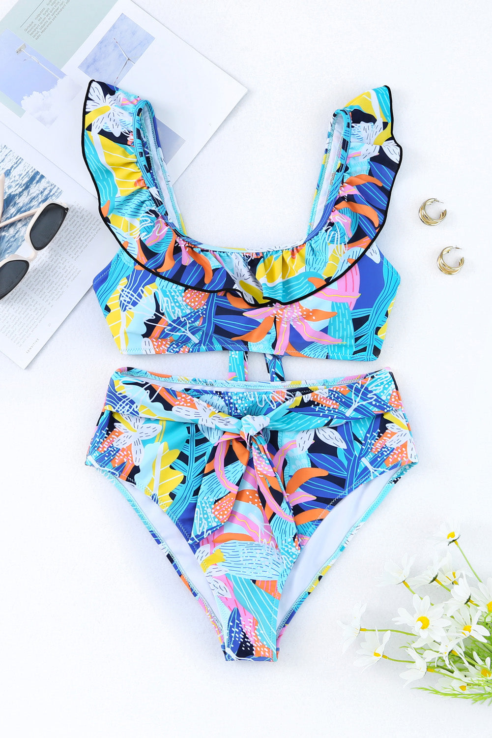 Tropical Print Ruffled Square Neck Tie High Waist Swimsuit